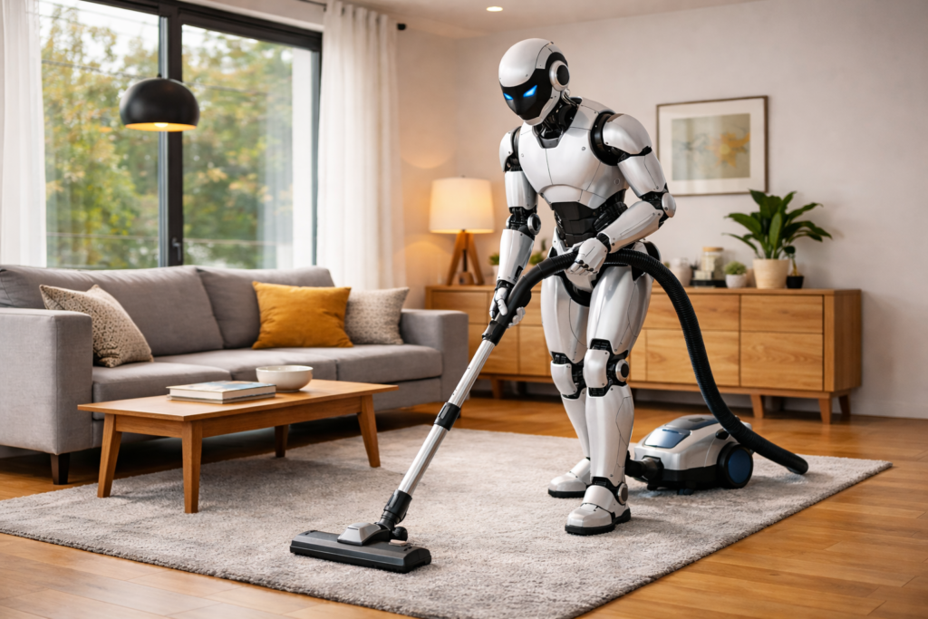 Robot humanoïde passe l'aspirateur dans un salon moderne et lumineux