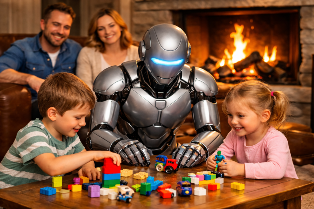 Robot humanoïde jouant avec des enfants dans un foyer chaleureux