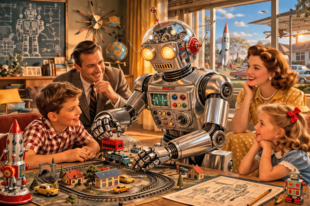 Robot humanoïde au foyer comme imaginé dans les années cinquante en Occident